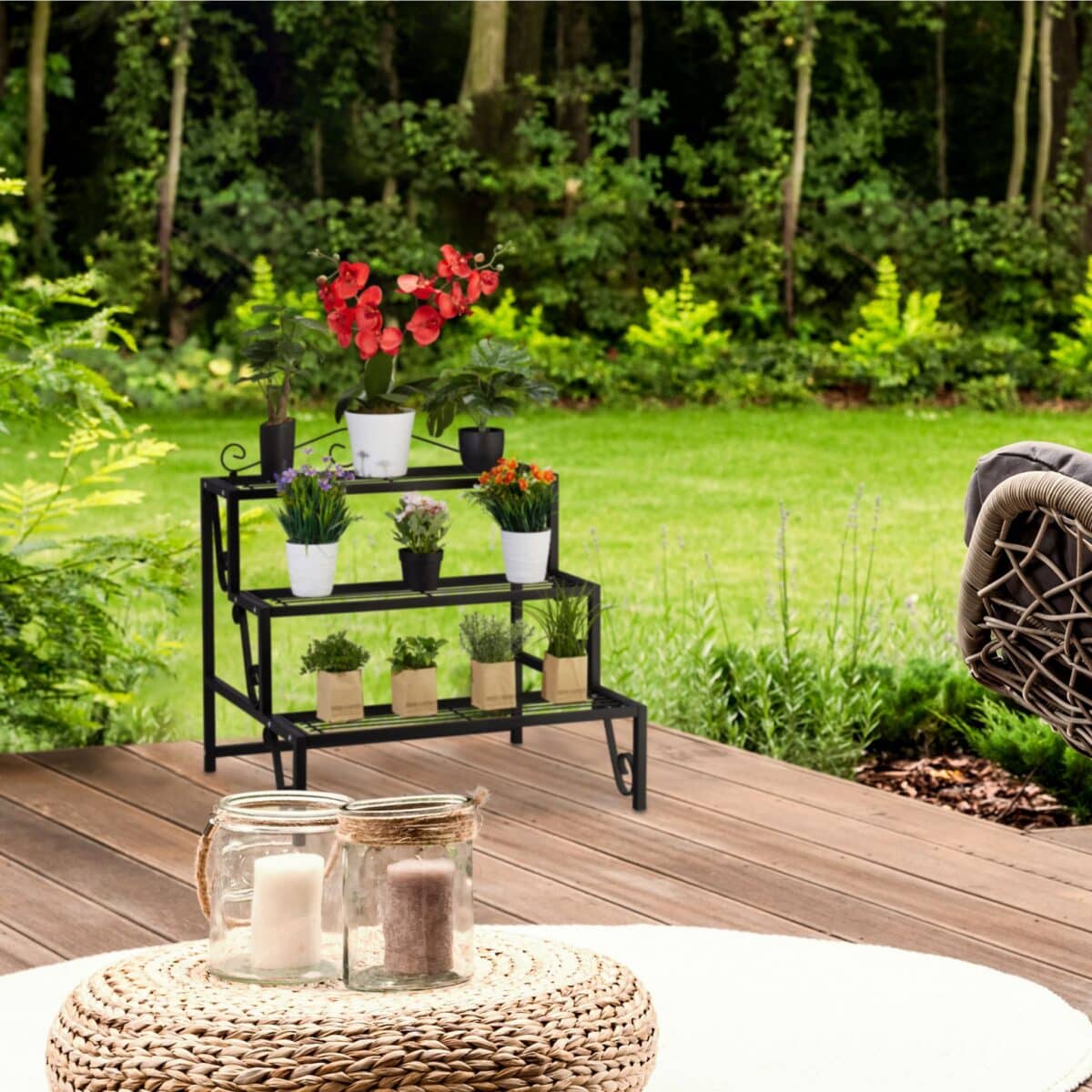 Raft metalic pentru flori, 3 trepte, interior/exterior, 69 x 70 x 60 cm, negru - imagine 3