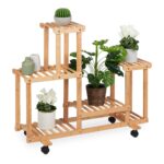 Raft pentru flori, cu roti, din bambus, 5 niveluri, 79 x 95 x 36 cm