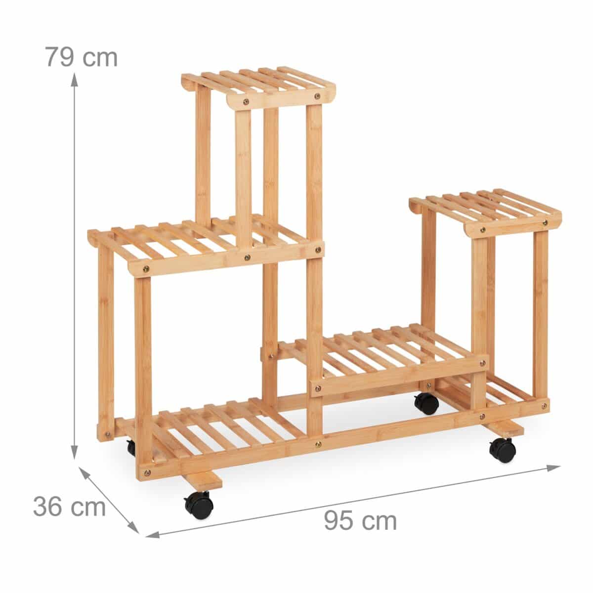 Raft pentru flori, cu roti, din bambus, 5 niveluri, 79 x 95 x 36 cm - imagine 7