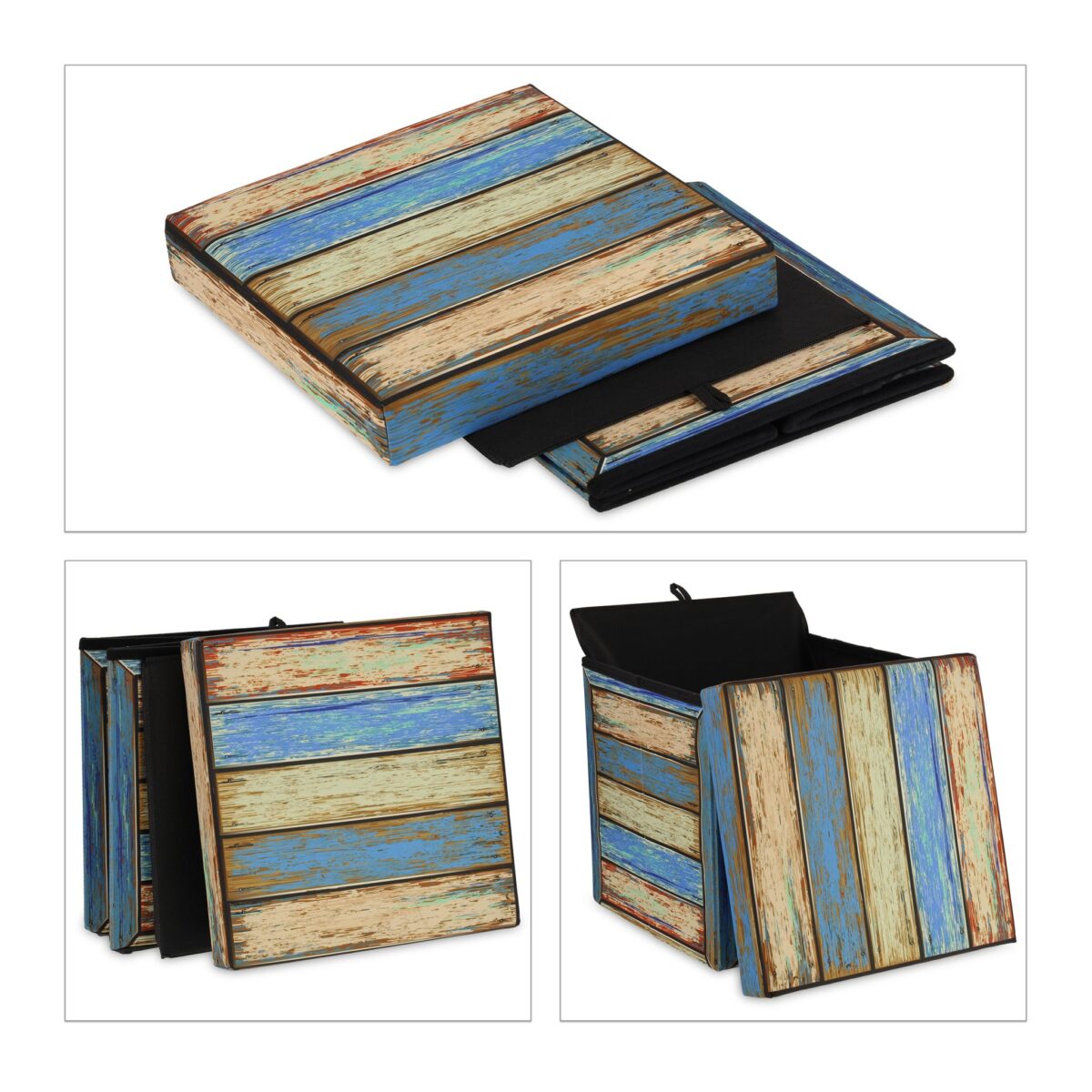 Taburet vintage cu spatiu de depozitare, albastru/maro, 38 x 37,5 x 37,5 cm - imagine 3