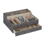 Cutie bijuterii, compartimentata, gri, finisaj piele ecologica, 13 x 34 x 31 cm