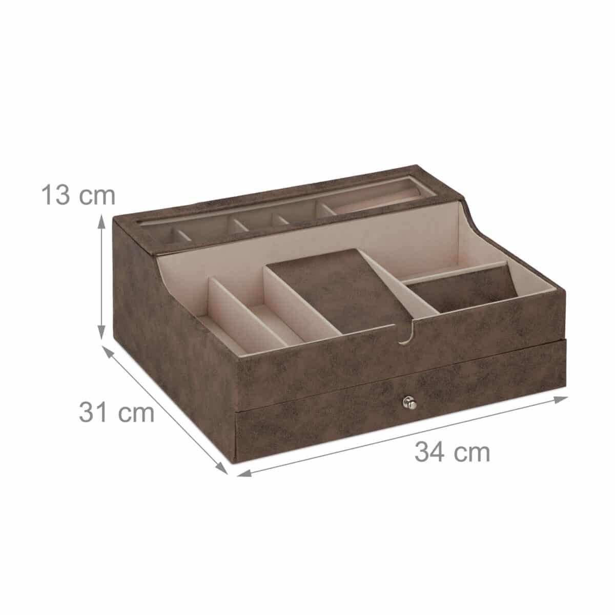 Cutie bijuterii, compartimentata, maro, finisaj piele ecologica, 13 x 34 x 31 cm - imagine 4