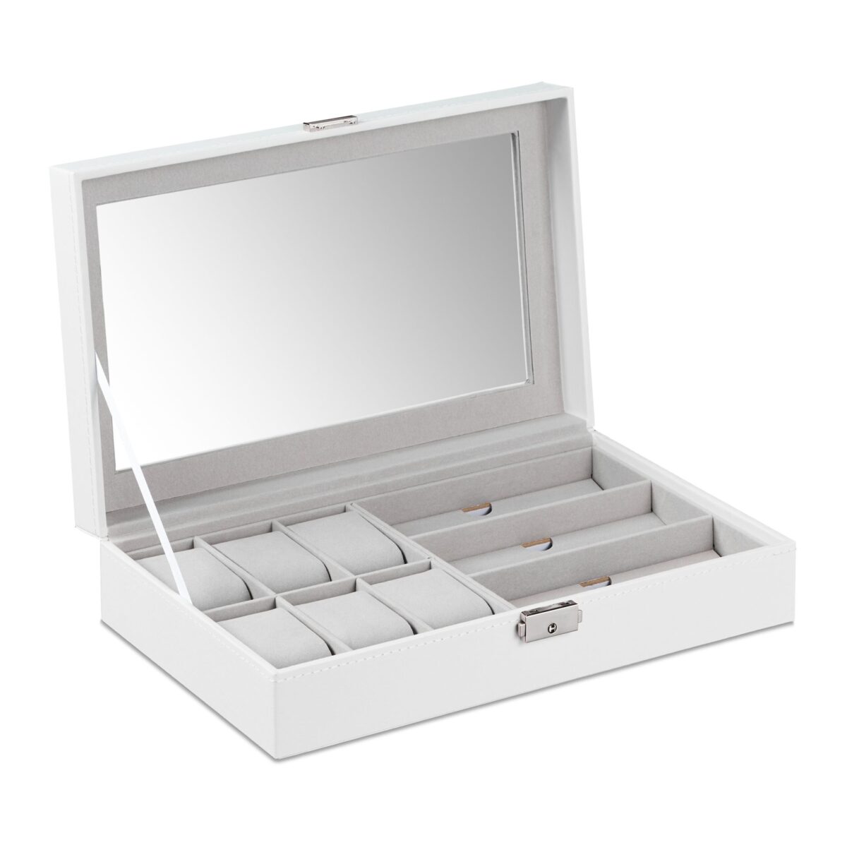 Cutie ceasuri, ochelari vedere/soare, interior catifea, aspect piele eco, alb, 8 x 33 x 20 cm - imagine 6