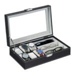Cutie ceasuri, ochelari vedere/soare, interior catifea, aspect piele eco, negru, 9 x 33 x 20,5 cm