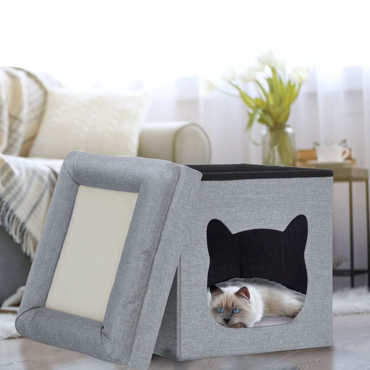 Taburet culcus pentru pisici, perna moale, gri, 44 x 40 x 40 cm - imagine 5
