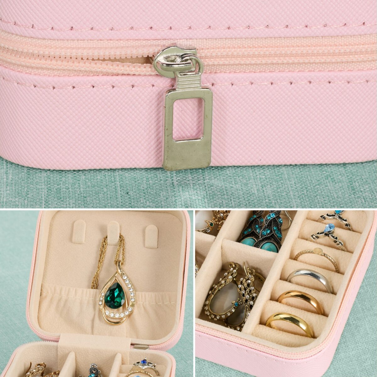 Cutie pentru bijuterii, portabila, multifunctionala, roz, 5 x 10 x 10 cm - imagine 2