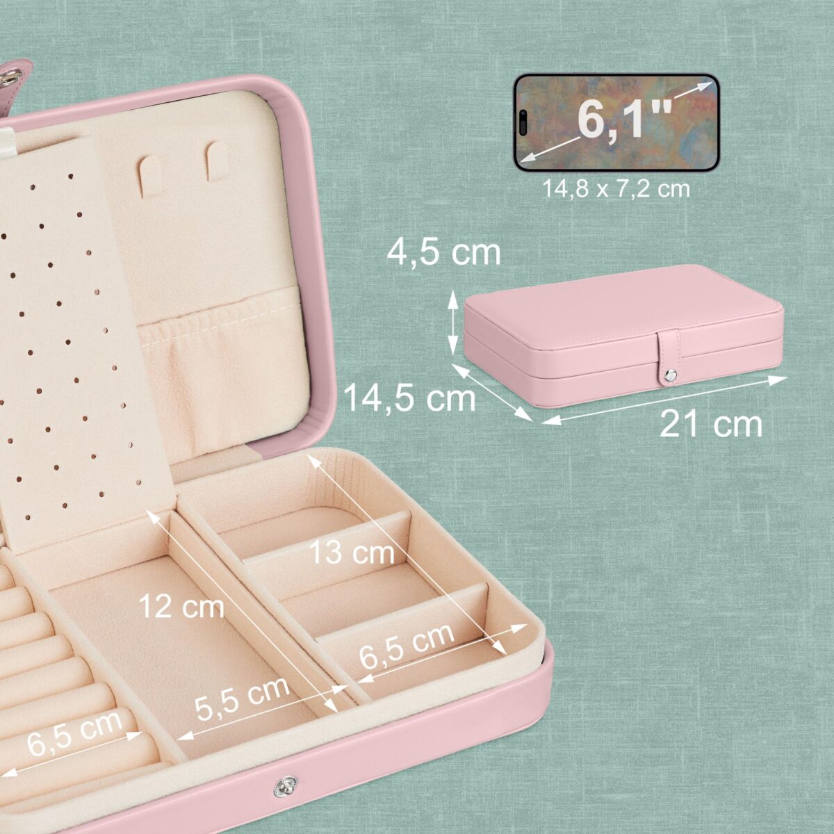 Cutie bijuterii, compartimentata, portabila, roz pal, 4,5 x 21 x 14,5 cm - imagine 4