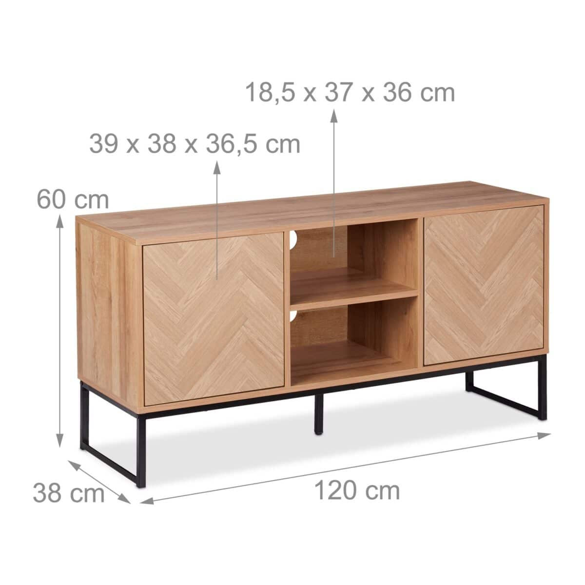 Comoda TV design retro din pal, 2 dulapuri si 2 rafturi, structura metalica, 60 x 120 x 38 cm - imagine 4