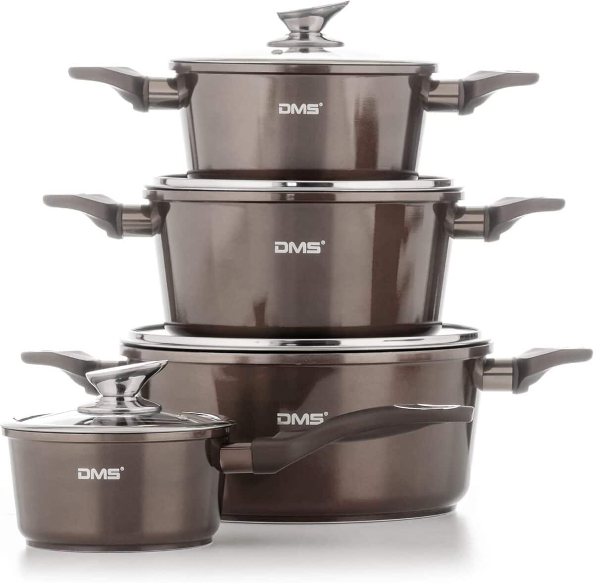 Set oale, tigai si ustensile, 15 piese, cu capace din sticla, accesorii de bucatarie incluse, pentru suprafete de gatit cu inductie, gaz, electrice, ceramice, maro - imagine 9