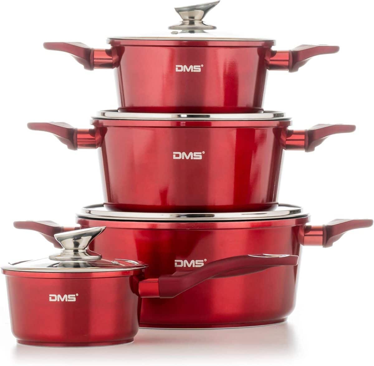Set oale, tigai si ustensile, 15 piese, capace din sticla, accesorii de bucatarie incluse, pentru suprafete de gatit cu inductie, gaz, electrice, ceramice, rosu - imagine 8