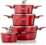 Set oale, tigai si ustensile, 15 piese, capace din sticla, accesorii de bucatarie incluse, pentru suprafete de gatit cu inductie, gaz, electrice, ceramice, rosu - imagine 8