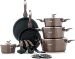 Set oale, tigai si ustensile, 15 piese, cu capace din sticla, accesorii de bucatarie incluse, pentru suprafete de gatit cu inductie, gaz, electrice, ceramice, maro