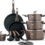 Set oale, tigai si ustensile, 15 piese, cu capace din sticla, accesorii de bucatarie incluse, pentru suprafete de gatit cu inductie, gaz, electrice, ceramice, maro