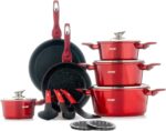 Set oale, tigai si ustensile, 15 piese, capace din sticla, accesorii de bucatarie incluse, pentru suprafete de gatit cu inductie, gaz, electrice, ceramice, rosu