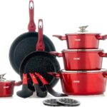 Set oale, tigai si ustensile, 15 piese, capace din sticla, accesorii de bucatarie incluse, pentru suprafete de gatit cu inductie, gaz, electrice, ceramice, rosu