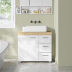 Dulap baie, baza lavoar, 3 sertare, 2 etajere, alb/maro, MDF, 30 x 70 x 64 cm - imagine 9