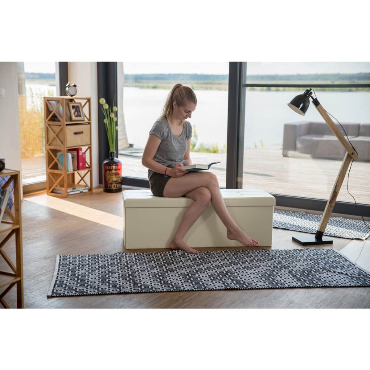 Banca tip taburet, piele ecologica, spatiu depozitare, pliabila, crem, 38 x 114 x 38 cm - imagine 2