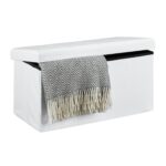 Banca tapitata tip taburet, cu spatiu depozitare, capacitate 300 kg, alb, 38 x 76 x 38 cm