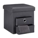 Taburet cu 2 sertare, pliabil, piele ecologica, gri, 38 x 38 x 38 cm