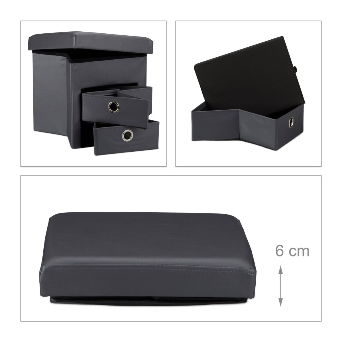 Taburet cu 2 sertare, pliabil, piele ecologica, gri, 38 x 38 x 38 cm - imagine 2