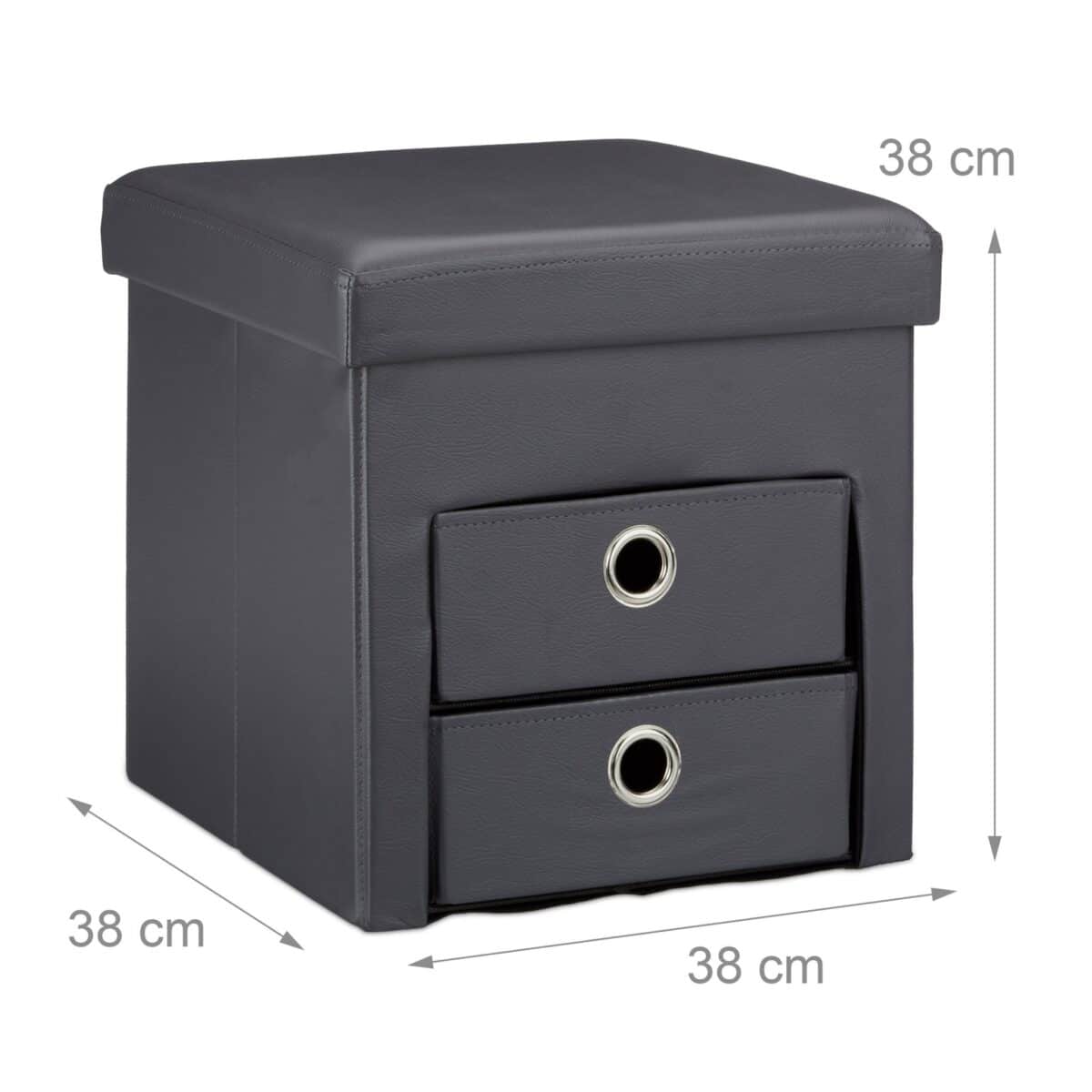 Taburet cu 2 sertare, pliabil, piele ecologica, gri, 38 x 38 x 38 cm - imagine 3