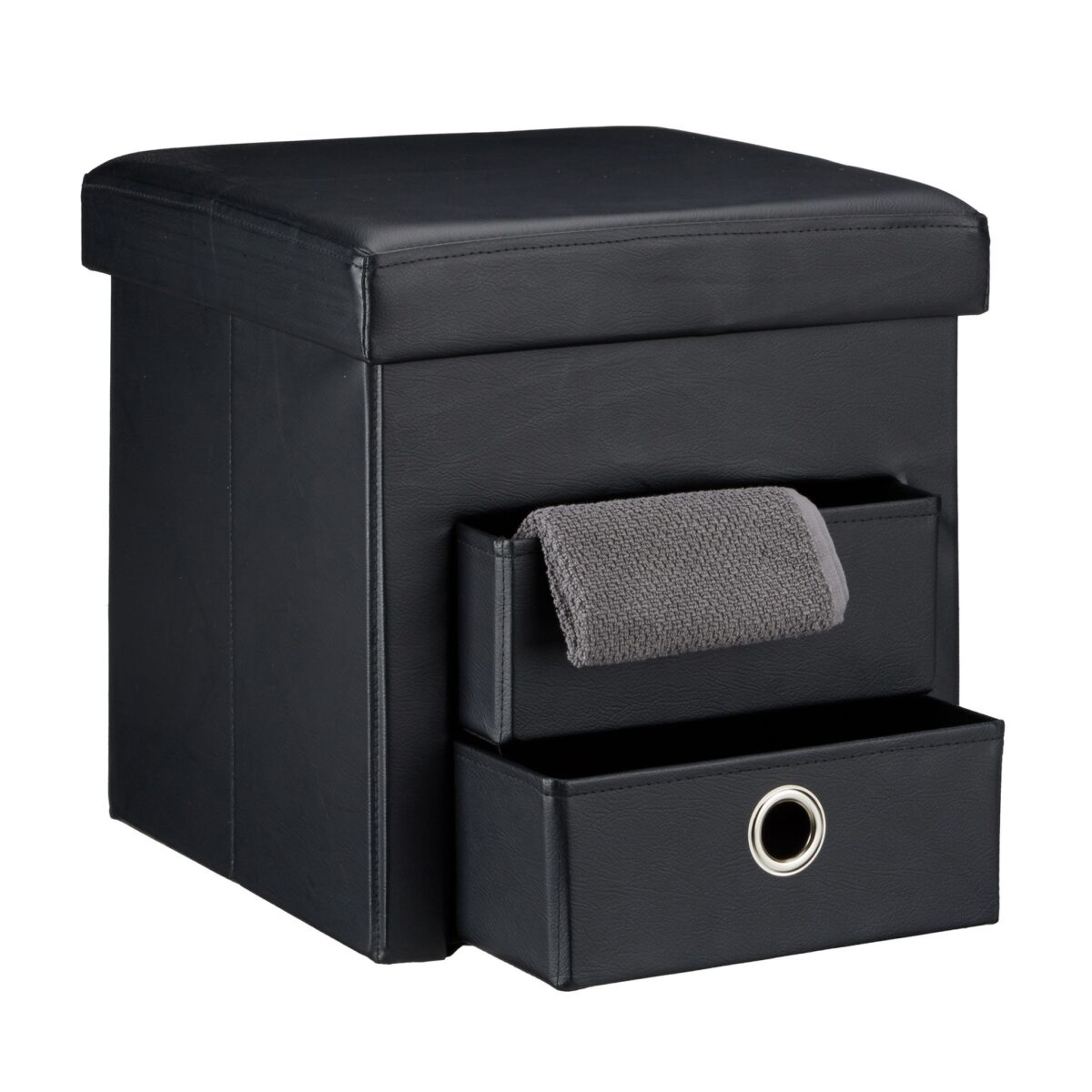 Taburet cu 2 sertare, pliabil, piele ecologica, negru, 38 x 38 x 38 cm - imagine 3
