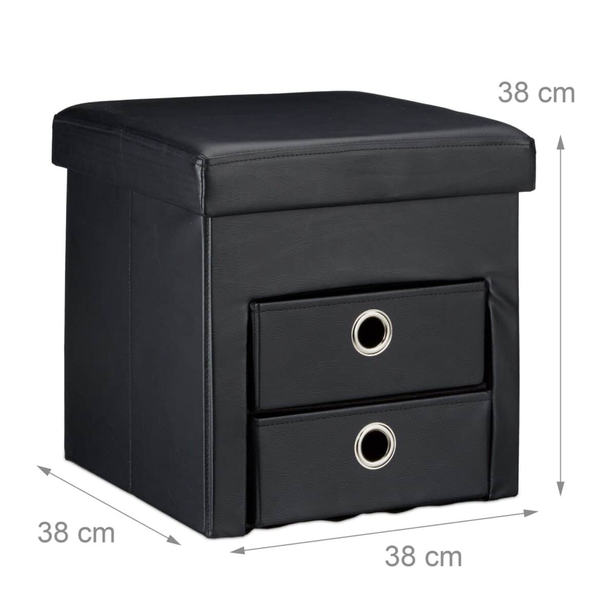 Taburet cu 2 sertare, pliabil, piele ecologica, negru, 38 x 38 x 38 cm - imagine 5