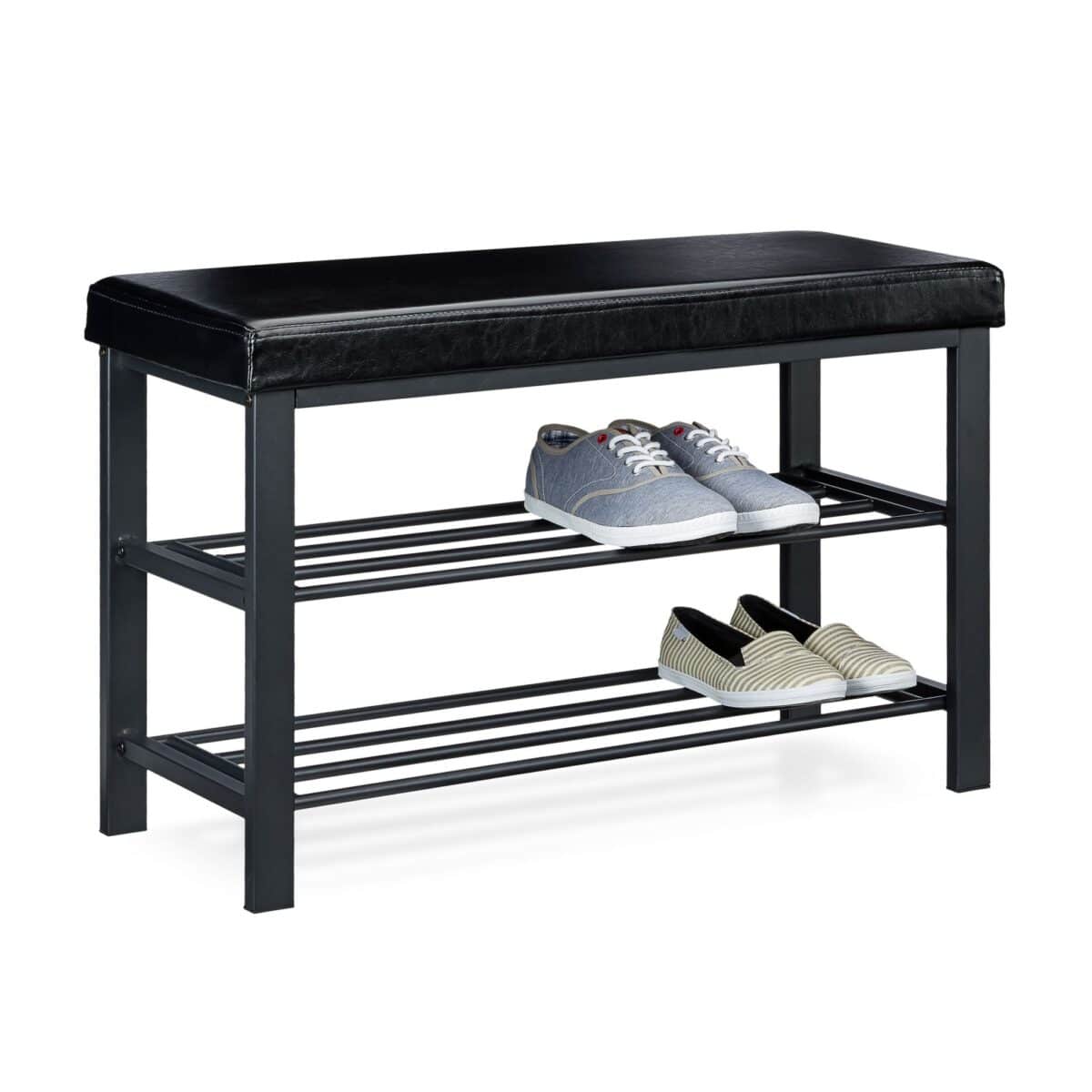 Pantofar tip taburet, cu structura metalica, piele ecologica, negru, 49 x 81 x 31 cm - imagine 2