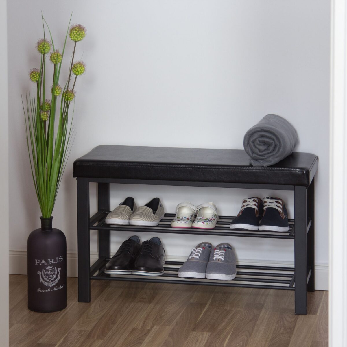 Pantofar tip taburet, cu structura metalica, piele ecologica, negru, 49 x 81 x 31 cm - imagine 3
