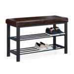 Pantofar tip taburet, cu structura metalica, piele ecologica, maro, 49 x 81 x 31 cm