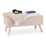 Banca tip taburet, picioare lemn, spatiu depozitare, bej, 39,5 x 79,5 x 39,5 cm