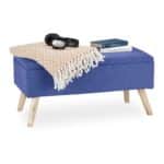 Banca tip taburet, picioare lemn, spatiu depozitare, albastru, 39,5 x 79,5 x 39,5 cm