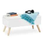 Banca tip taburet, picioare lemn, spatiu depozitare, alb, 39,5 x 79,5 x 39,5 cm