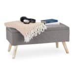 Banca tip taburet, picioare lemn, spatiu depozitare, gri, 39,5 x 79,5 x 39,5 cm