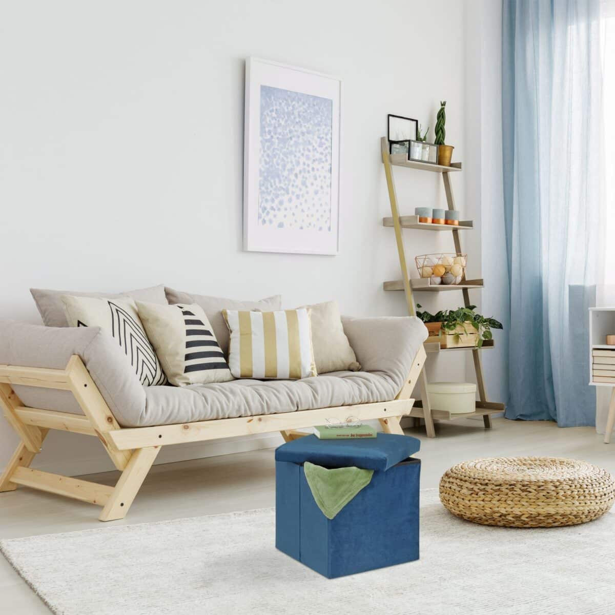 Taburet cu spatiu depozitare, aspect catifea, albastru, 38 x 38 x 38 cm - imagine 2