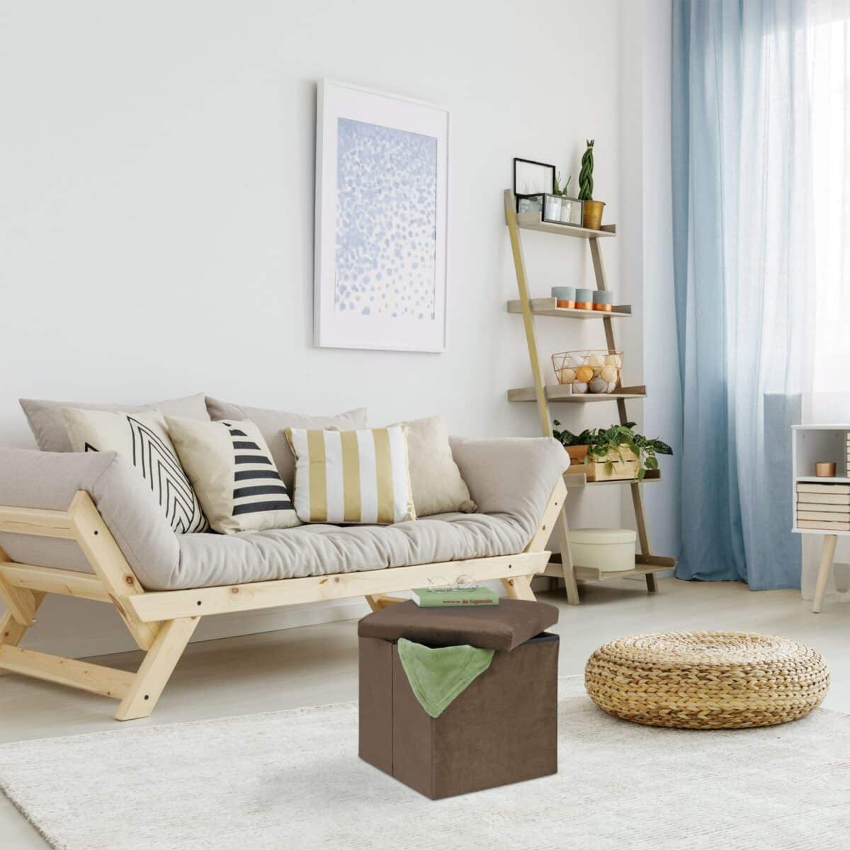 Taburet cu spatiu depozitare, aspect catifea, maro, 38 x 38 x 38 cm - imagine 2