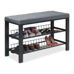 Pantofar cu bancuta, tapitat, structura metalica, 2 nivele, gri, 50,5 x 82 x 33 cm
