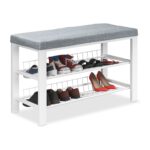 Pantofar cu bancuta, tapitat, structura metalica, 2 nivele, alb/gri, 50,5 x 82 x 33 cm