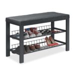 Pantofar tip taburet, tapitat, cu structura metalica, 2 nivele, negru, 50,5 x 82 x 33 cm