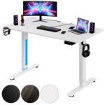 Birou gaming cu inaltime reglabila, display LCD, ghidaje pentru cablu, suporturi pentru pahare si casti,110x60x73-118cm, alb