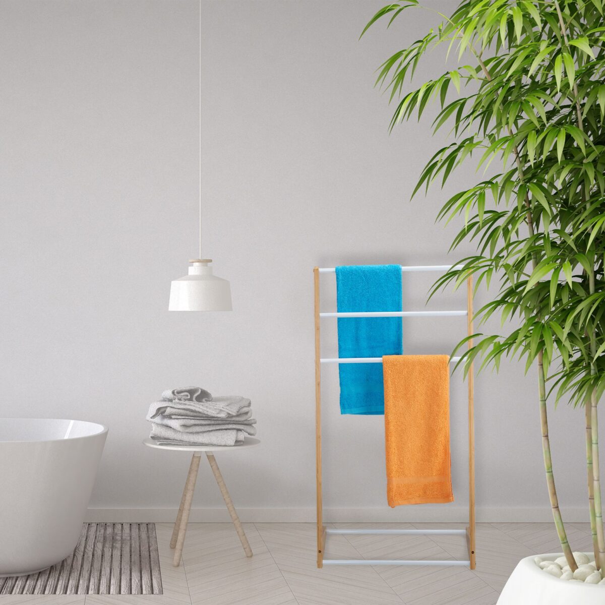 Suport prosoape, din otel si bambus, 3 brate, alb/maro, 98 x 62 x 30 cm - imagine 2