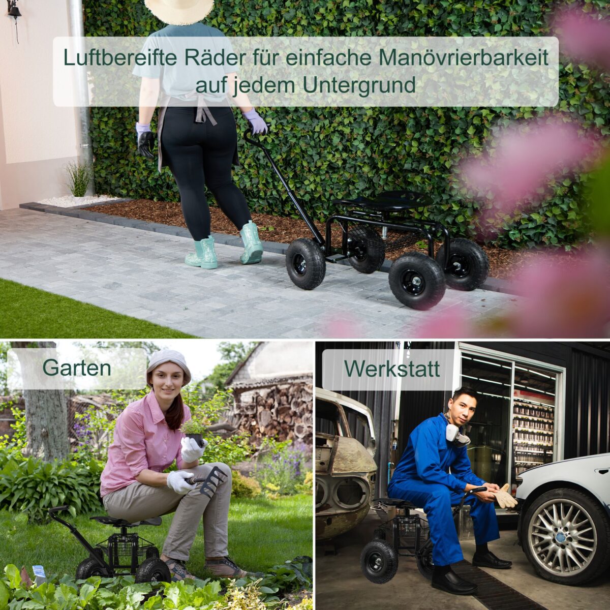 Scaun mobil de gradina/atelier, cu spatiu de depozitare si maner de transport, scaun cu inaltime reglabila, max. 150 kg, negru - imagine 3