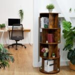 Bilbioteca rotativa, 4 rafturi, cu design modern, maro vintage, din lemn, 137 x 50 cm - imagine 2
