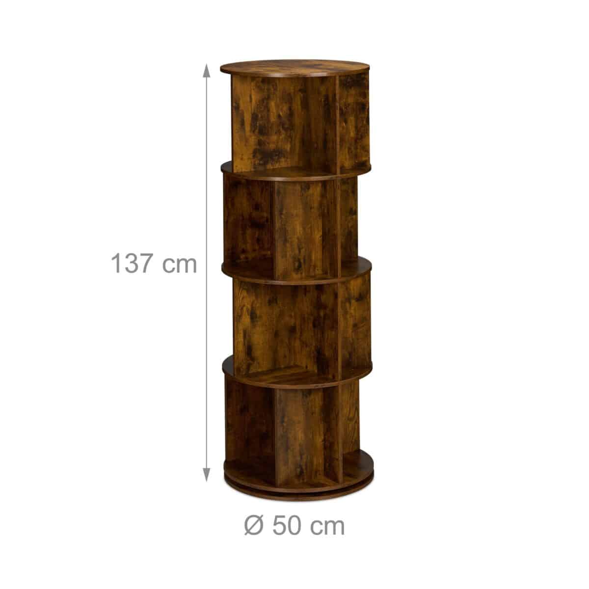 Bilbioteca rotativa, 4 rafturi, cu design modern, maro vintage, din lemn, 137 x 50 cm - imagine 4