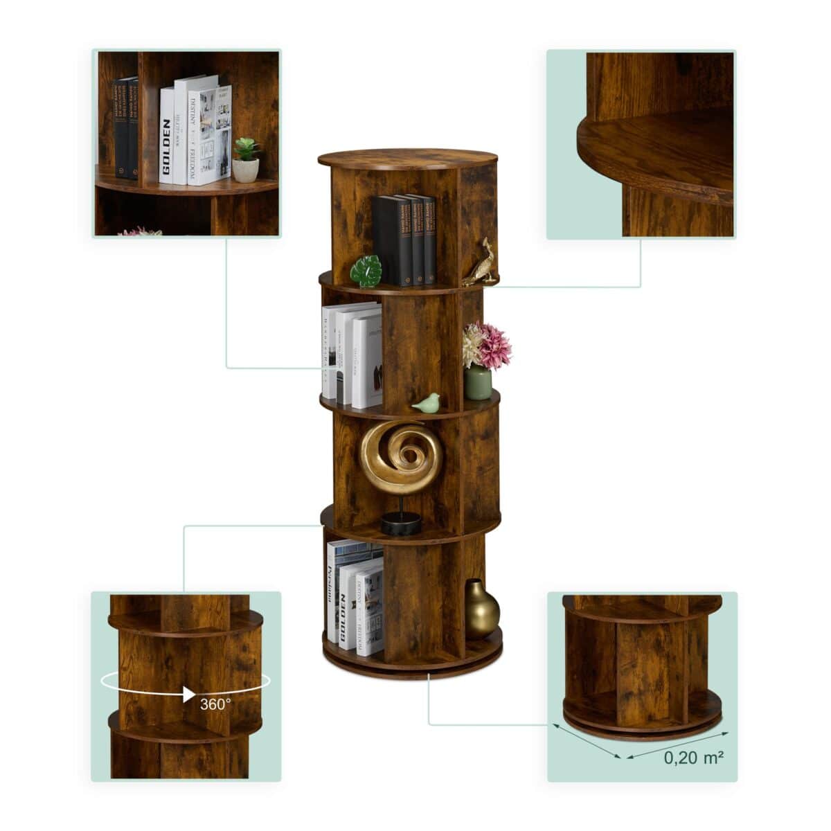 Bilbioteca rotativa, 4 rafturi, cu design modern, maro vintage, din lemn, 137 x 50 cm - imagine 5
