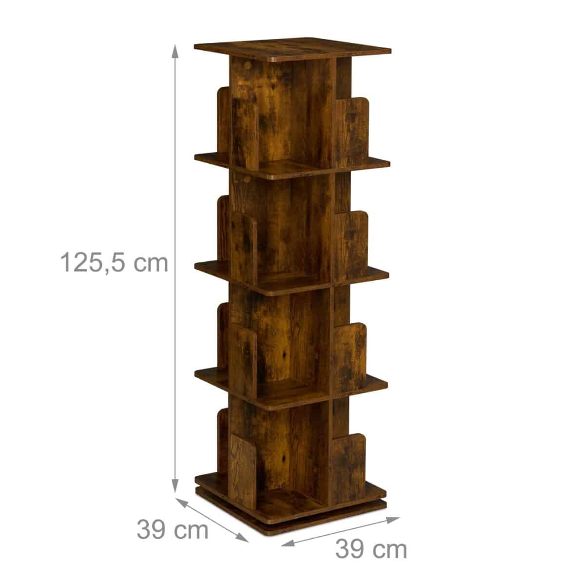 Bilbioteca rotativa, 4 rafturi, cu design modern, maro vintage, din lemn, 125,5 x 39 x 39 cm - imagine 4
