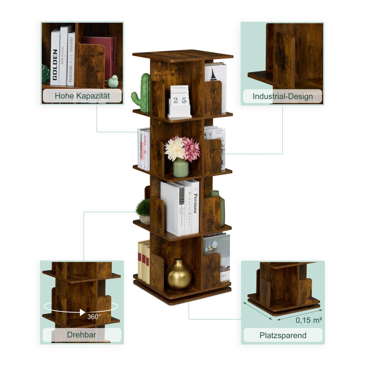 Bilbioteca rotativa, 4 rafturi, cu design modern, maro vintage, din lemn, 125,5 x 39 x 39 cm - imagine 5