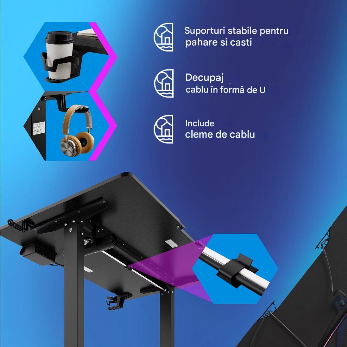Birou gaming cu inaltime reglabila, display LCD, ghidaje pentru cablu, suporturi pentru pahare si casti,110x60x73-118cm, negru - imagine 5