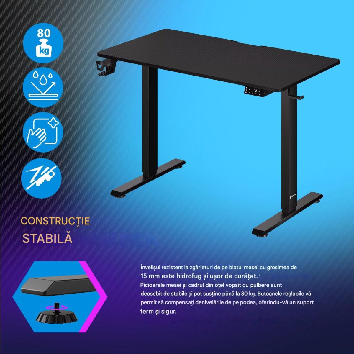 Birou gaming cu inaltime reglabila, display LCD, ghidaje pentru cablu, suporturi pentru pahare si casti,110x60x73-118cm, negru - imagine 3
