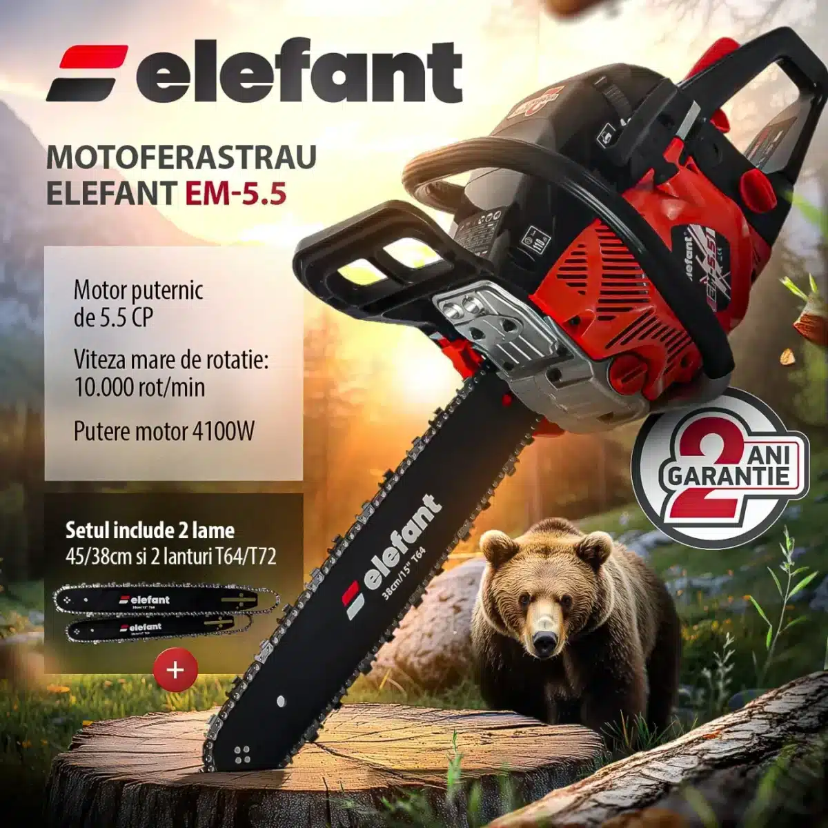 Motofierastrau/drujba pe benzina, 4,1 kw-5.5CP, 10.000 rot/min, accesorii incluse, Elefant - imagine 4